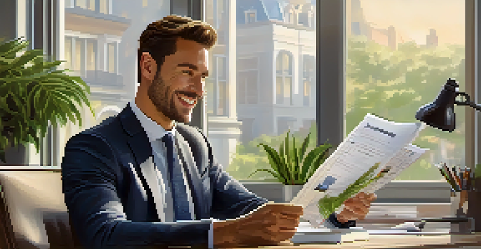 A real estate agent at a desk with a laptop, smiling and reviewing listings in a well-lit office.