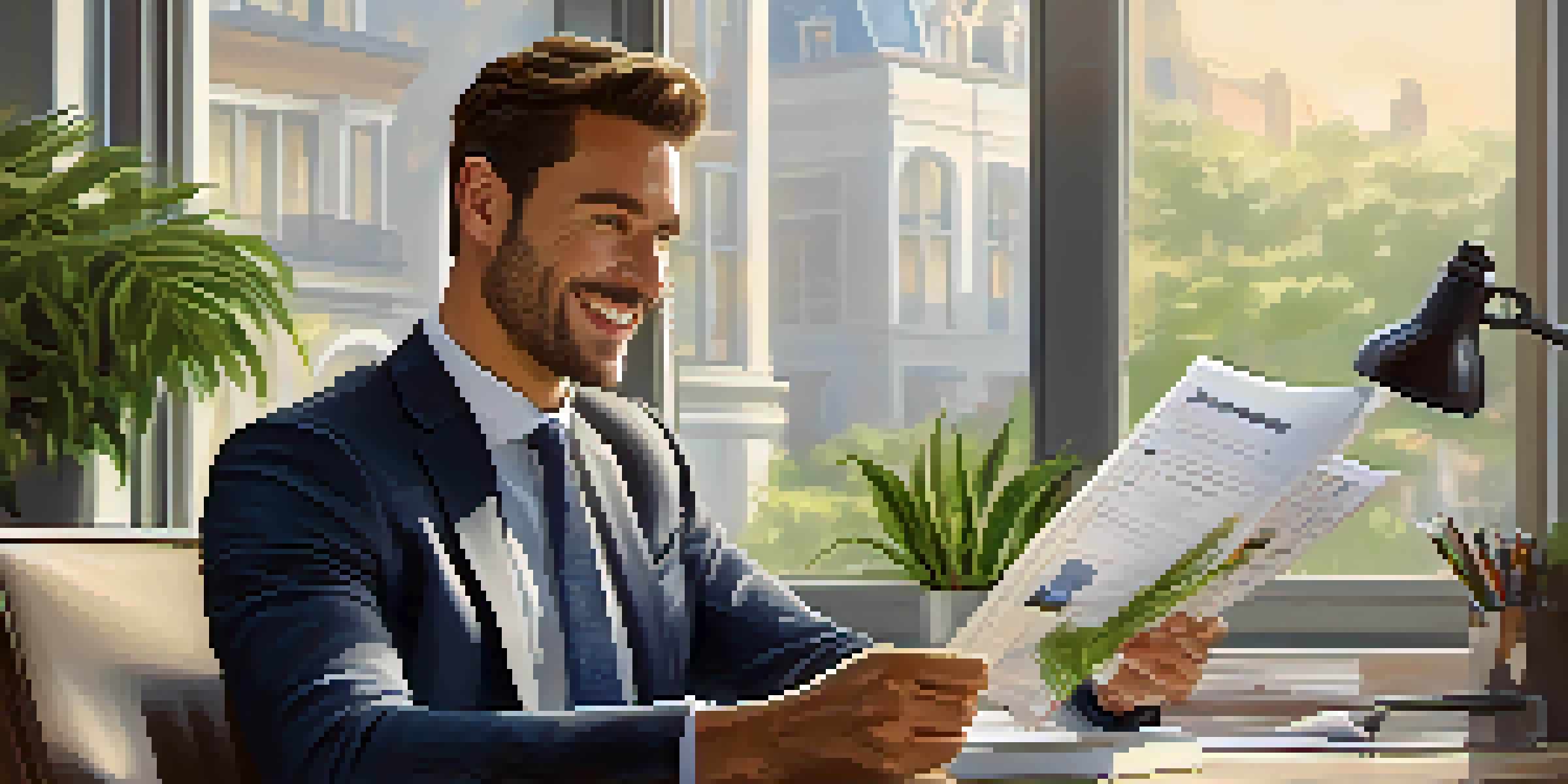 A real estate agent at a desk with a laptop, smiling and reviewing listings in a well-lit office.