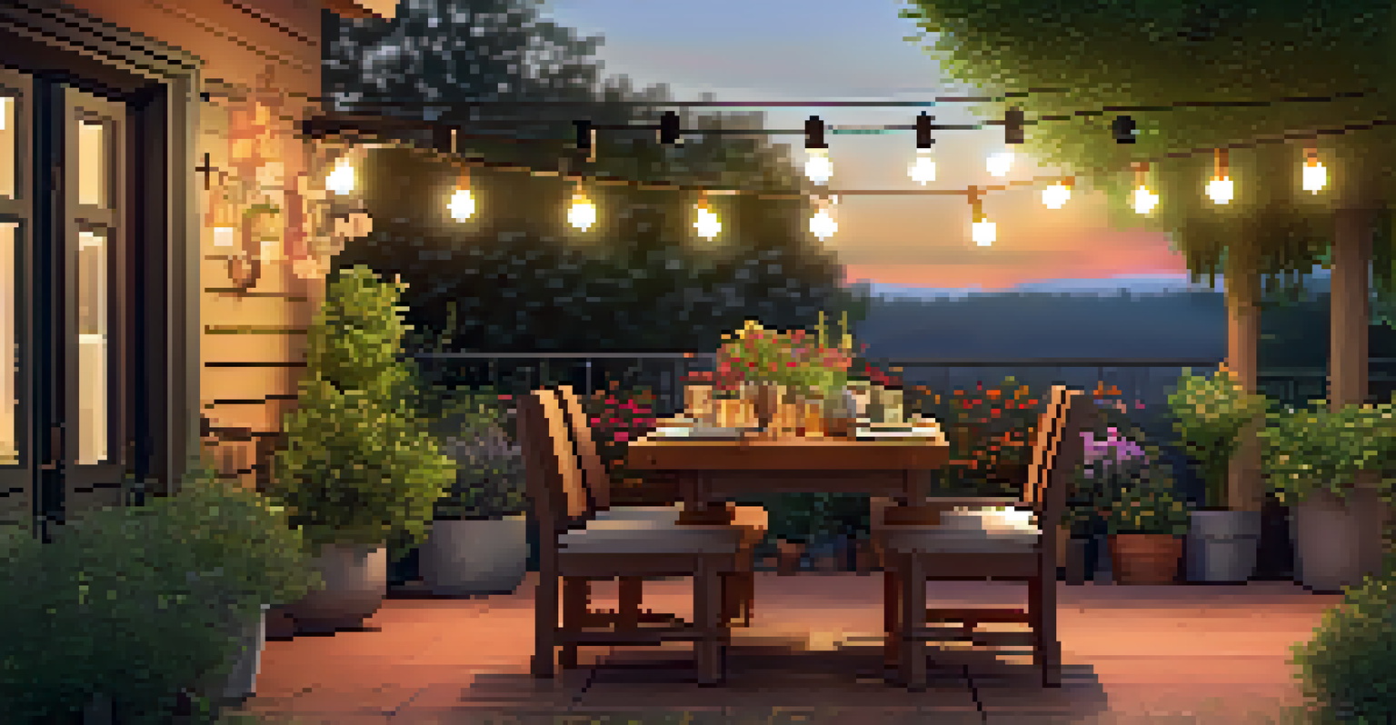 An outdoor dining area with a wooden table, set under string lights, surrounded by potted herbs and colorful flowers at sunset.