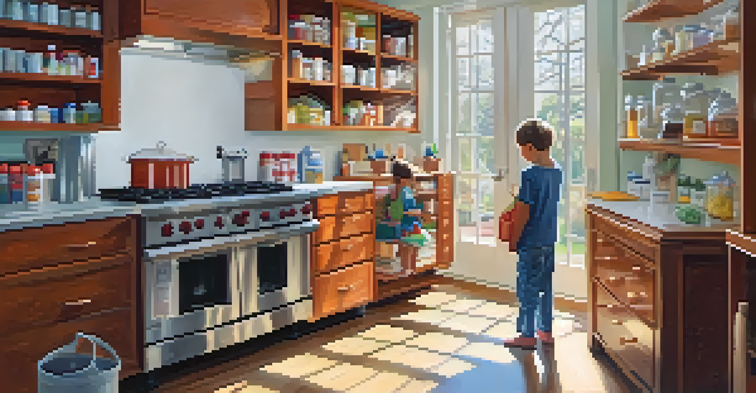 A parent organizing hazardous materials in high cabinets while a child observes from a safe distance.