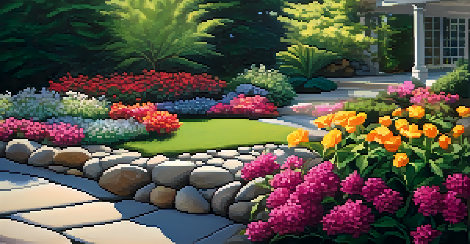 A garden bed surrounded by smooth river rocks with colorful flowers blooming in the sunlight.