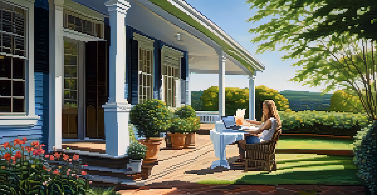 A peaceful outdoor scene of a person on a porch with a laptop, reviewing financial documents in a garden setting.