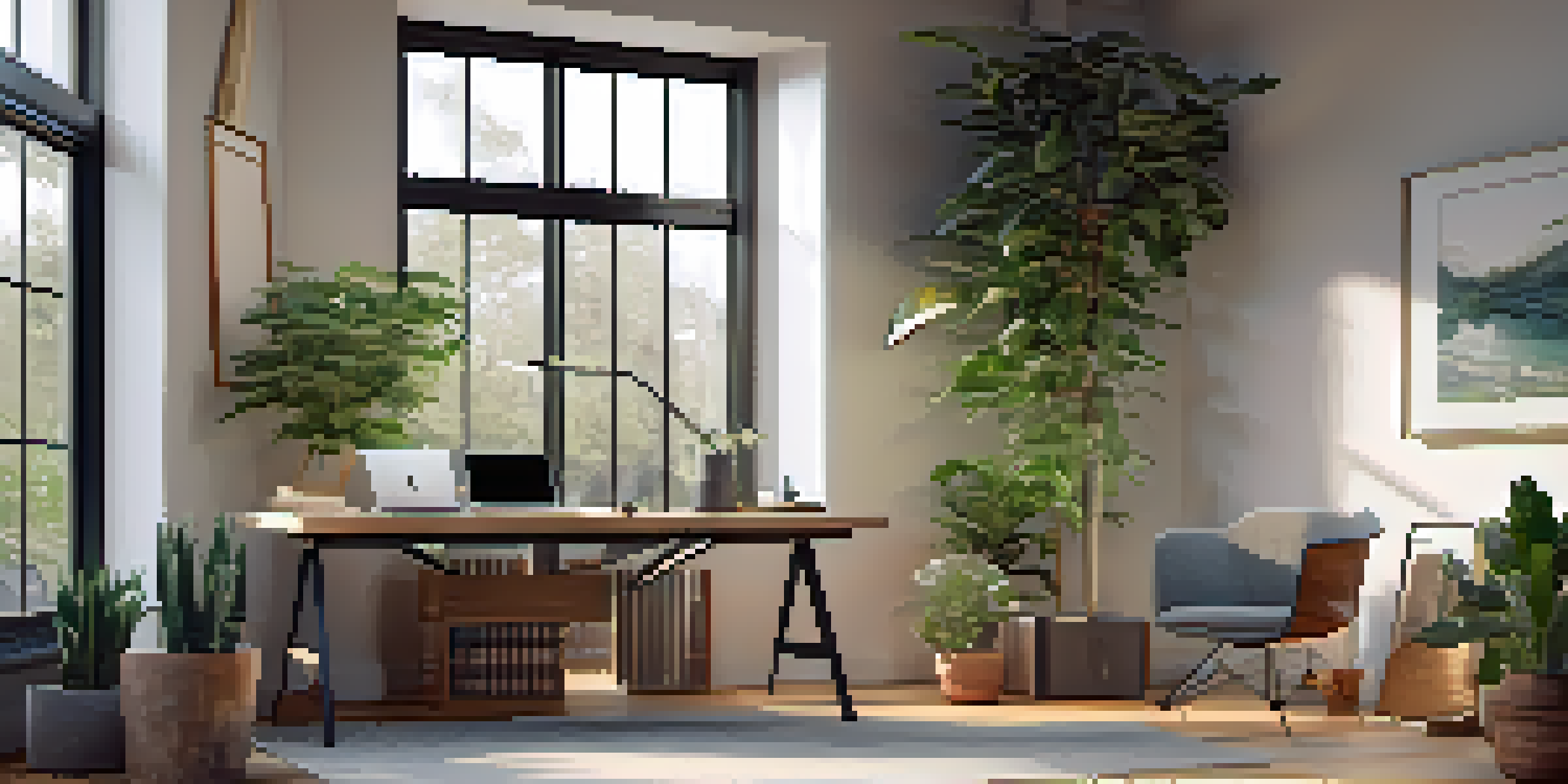 A bright and modern home office with a standing desk, ergonomic chair, and laptop open to a video call, surrounded by plants and natural light.