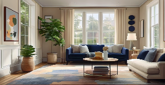 A warm and inviting living room with a beige sofa, navy accents, and a large window letting in natural light.