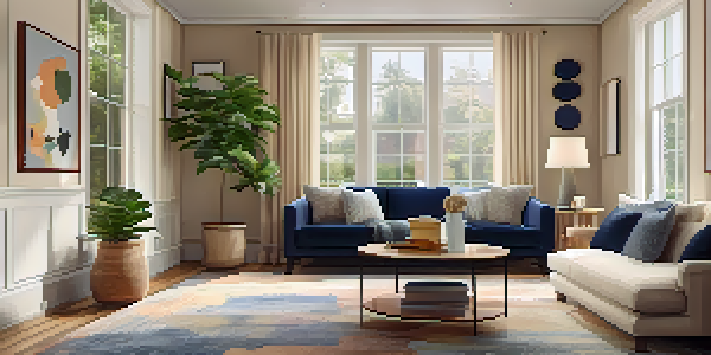 A warm and inviting living room with a beige sofa, navy accents, and a large window letting in natural light.