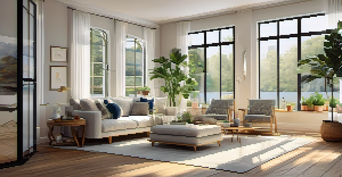 A clean and organized living room with modern furniture and plants, illuminated by natural light from large windows.