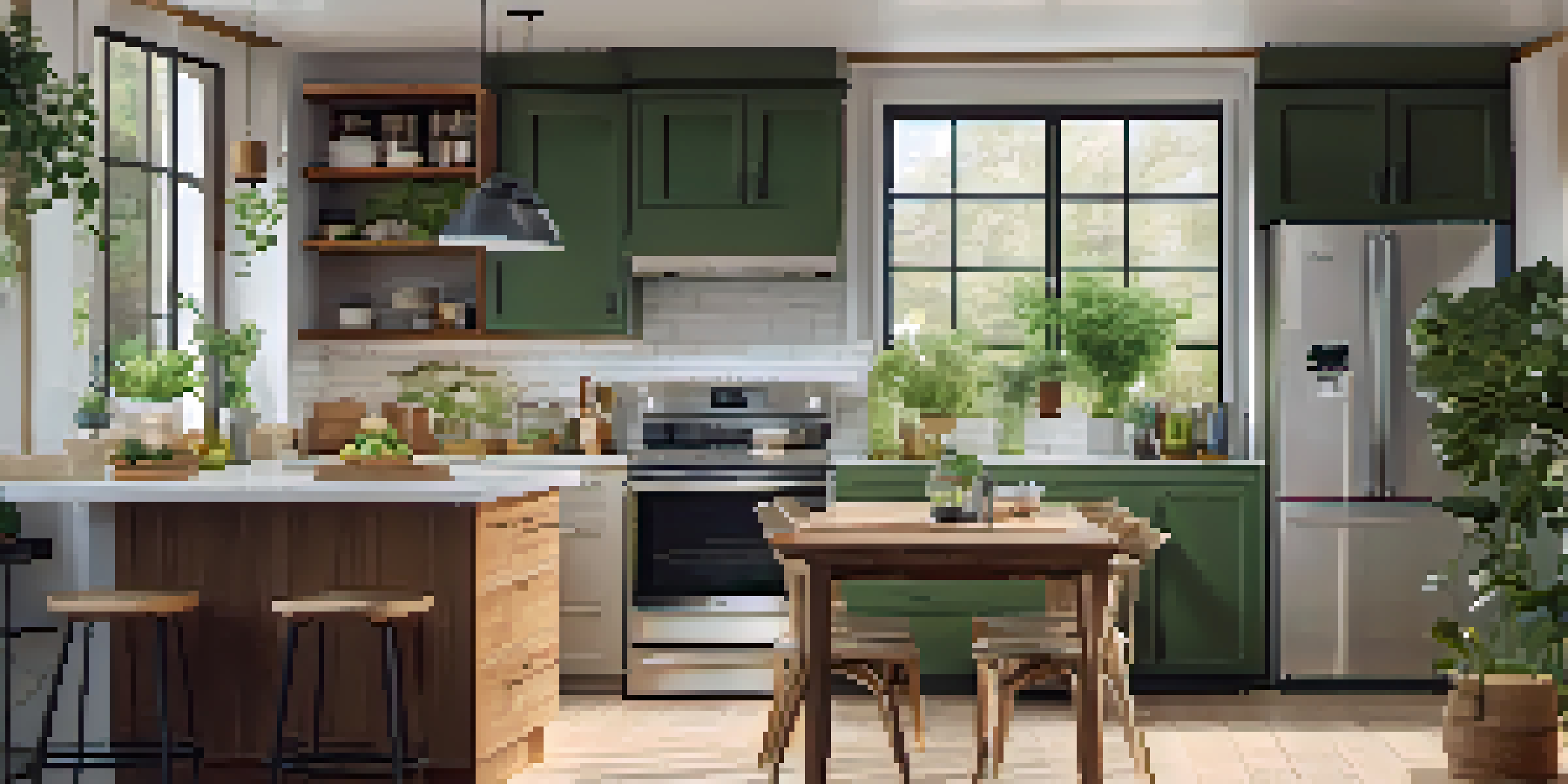 A bright and inviting kitchen with eco-friendly appliances like a refrigerator, washing machine, and smart thermostat, surrounded by wooden cabinets and green plants.