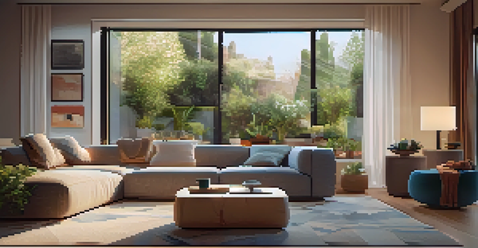 A cozy living room equipped with smart home technology including a smart speaker and automated lights, with a view of a garden outside.