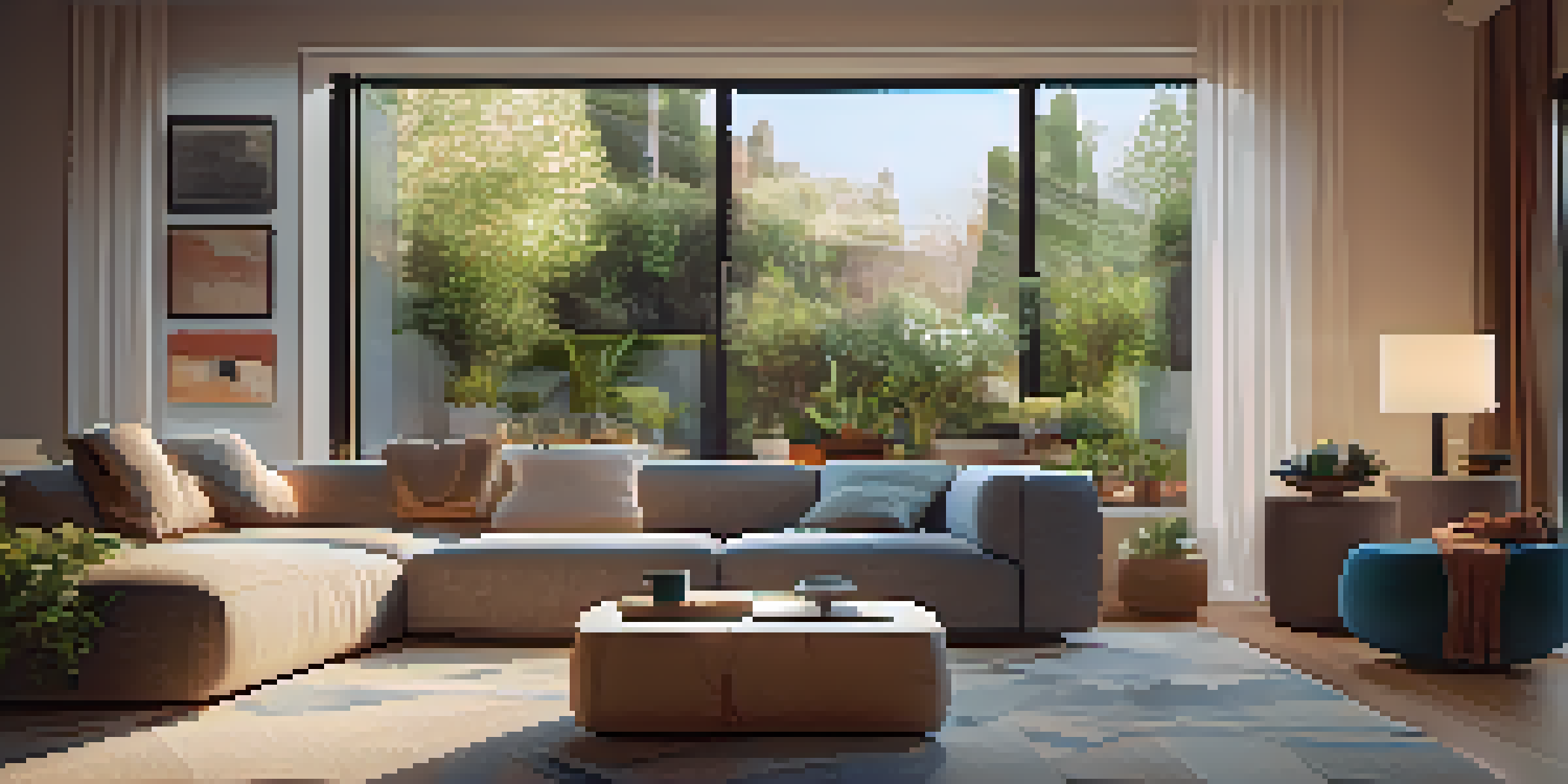 A cozy living room equipped with smart home technology including a smart speaker and automated lights, with a view of a garden outside.