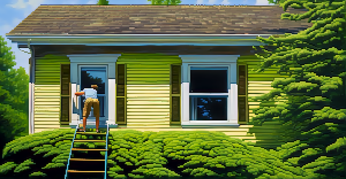 A homeowner inspecting a roof from a ladder on a sunny summer day, with moss visible on the shingles.