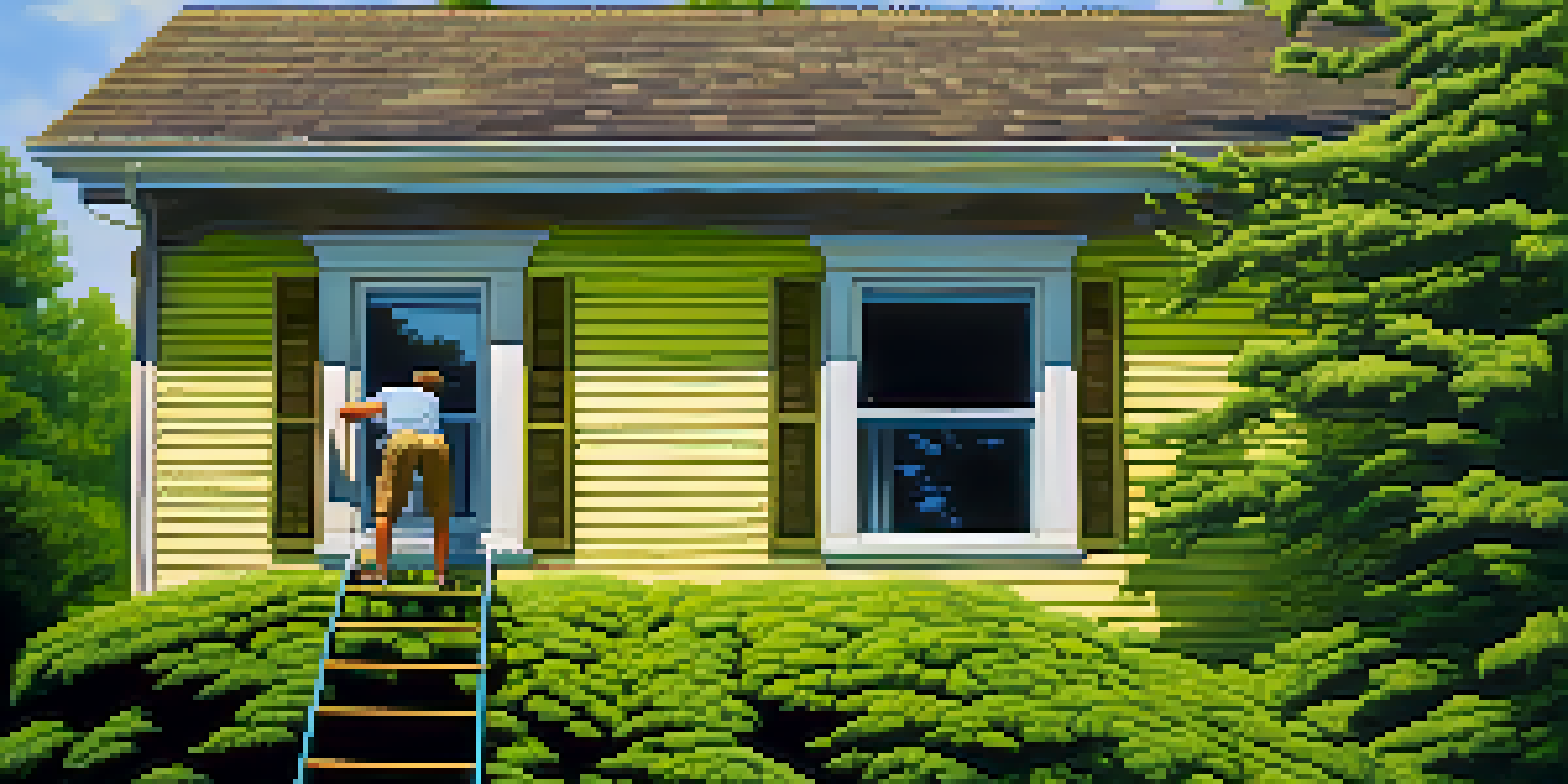 A homeowner inspecting a roof from a ladder on a sunny summer day, with moss visible on the shingles.