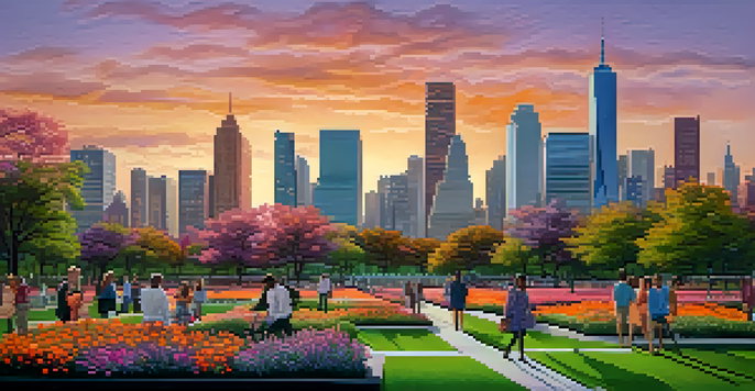 A vibrant city skyline at sunset with skyscrapers and green spaces, featuring people in a park.