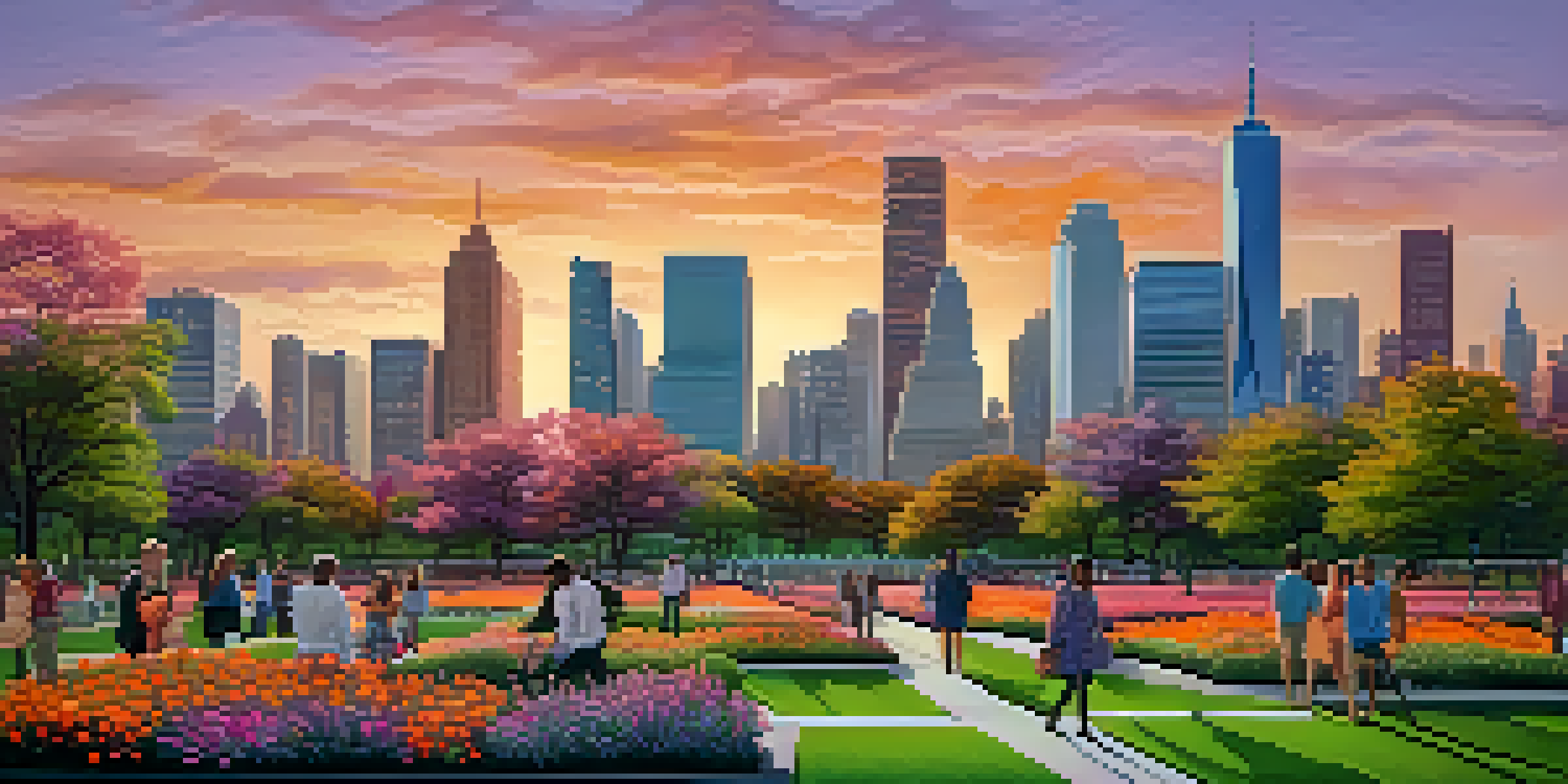 A vibrant city skyline at sunset with skyscrapers and green spaces, featuring people in a park.