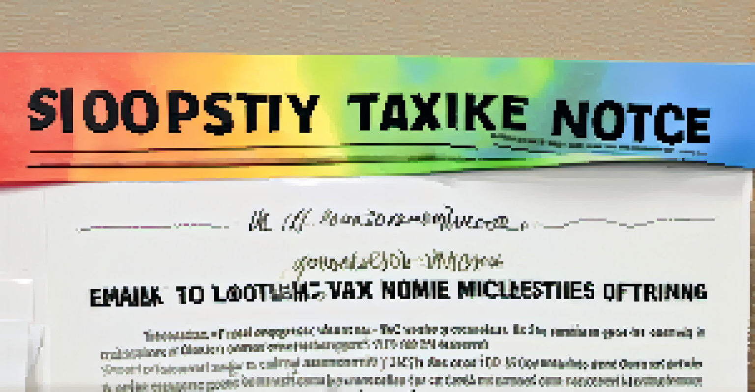 A close-up of a property tax assessment notice on a bulletin board with flyers about zoning meetings in the background.