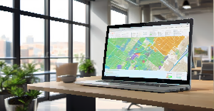 A real estate agent in an office looking at a GIS map on a laptop with colorful data layers displayed.