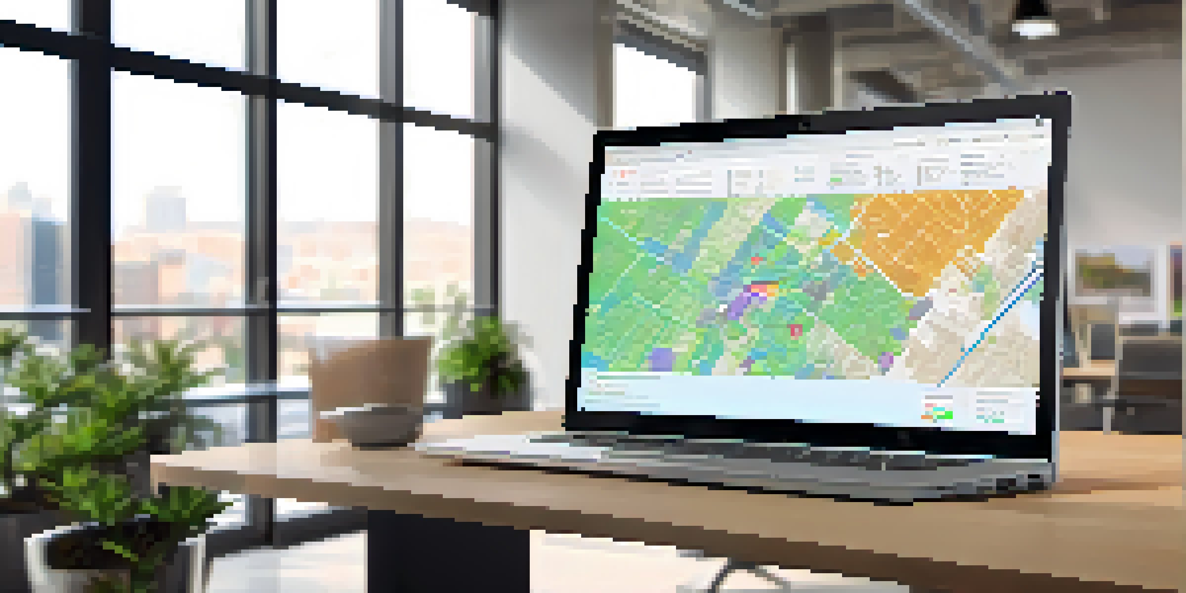 A real estate agent in an office looking at a GIS map on a laptop with colorful data layers displayed.