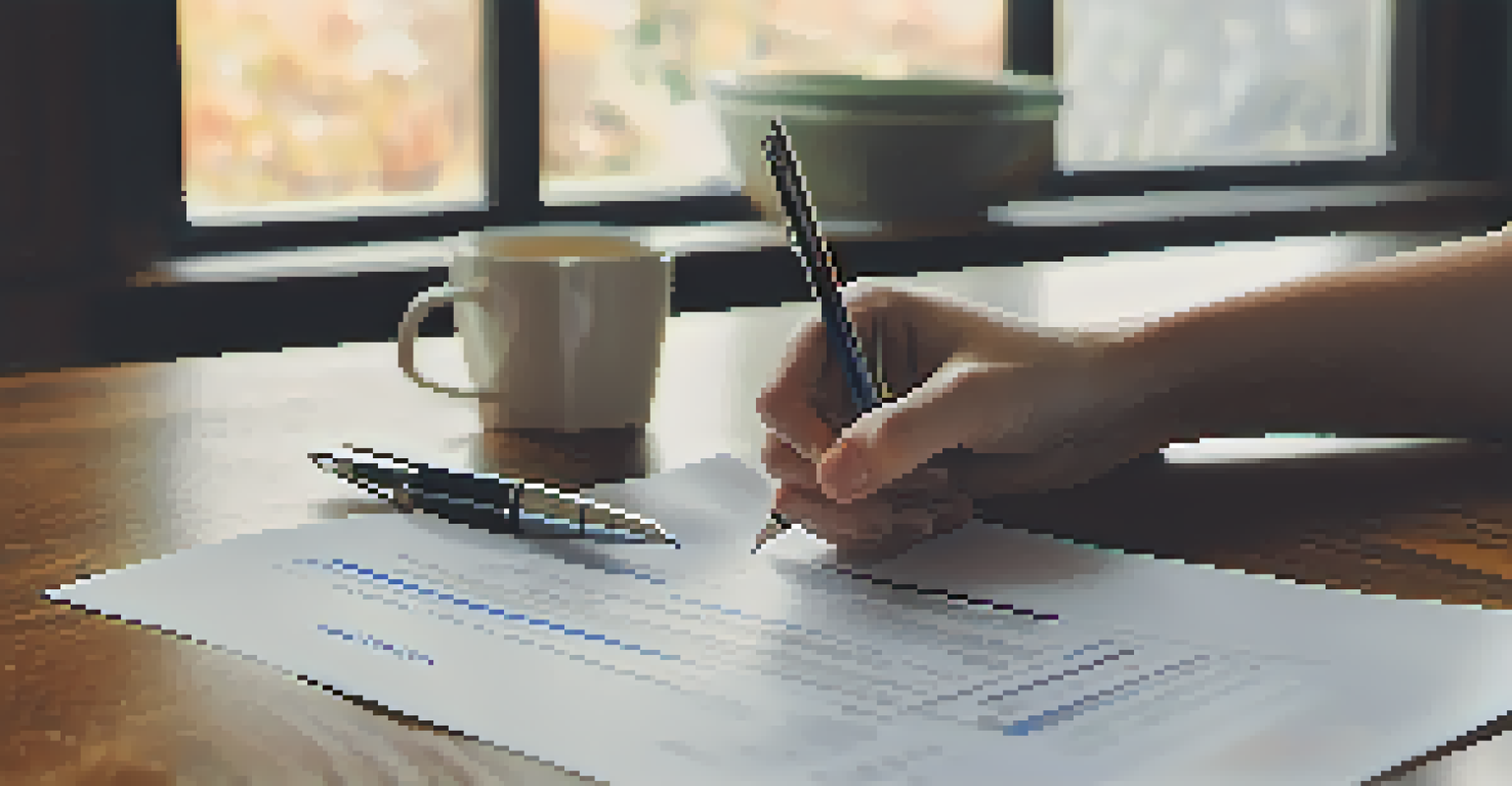 A close-up of a hand with a pen over a mortgage application form on a wooden table, with a calculator and a cup of tea.