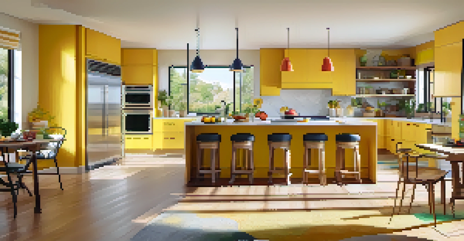 A vibrant kitchen with a yellow accent wall, fresh fruits, and natural light.