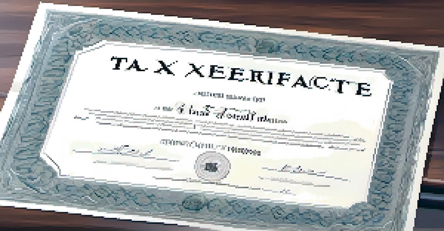 A close-up of a tax lien certificate on a wooden table, showcasing its design and official seals in warm lighting.