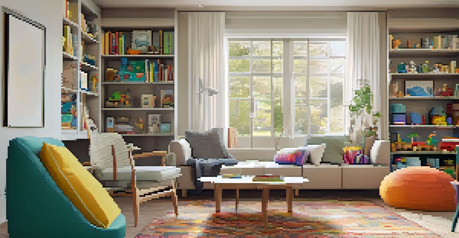 An open-concept family space with distinct zones for reading, playing, and working, filled with natural light.