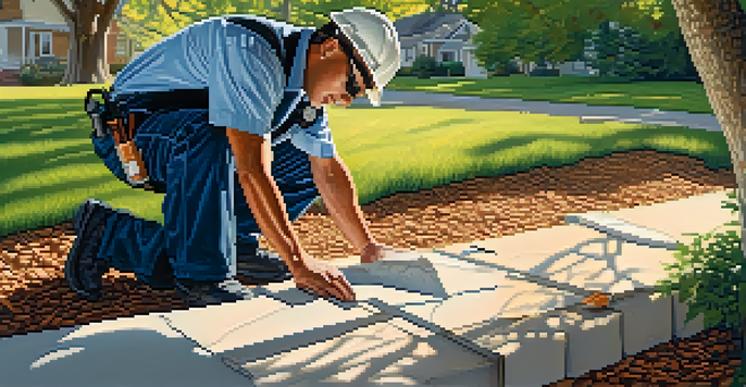 A home inspector crouching by a house's foundation, using a flashlight to examine cracks, with trees casting shadows in the background.