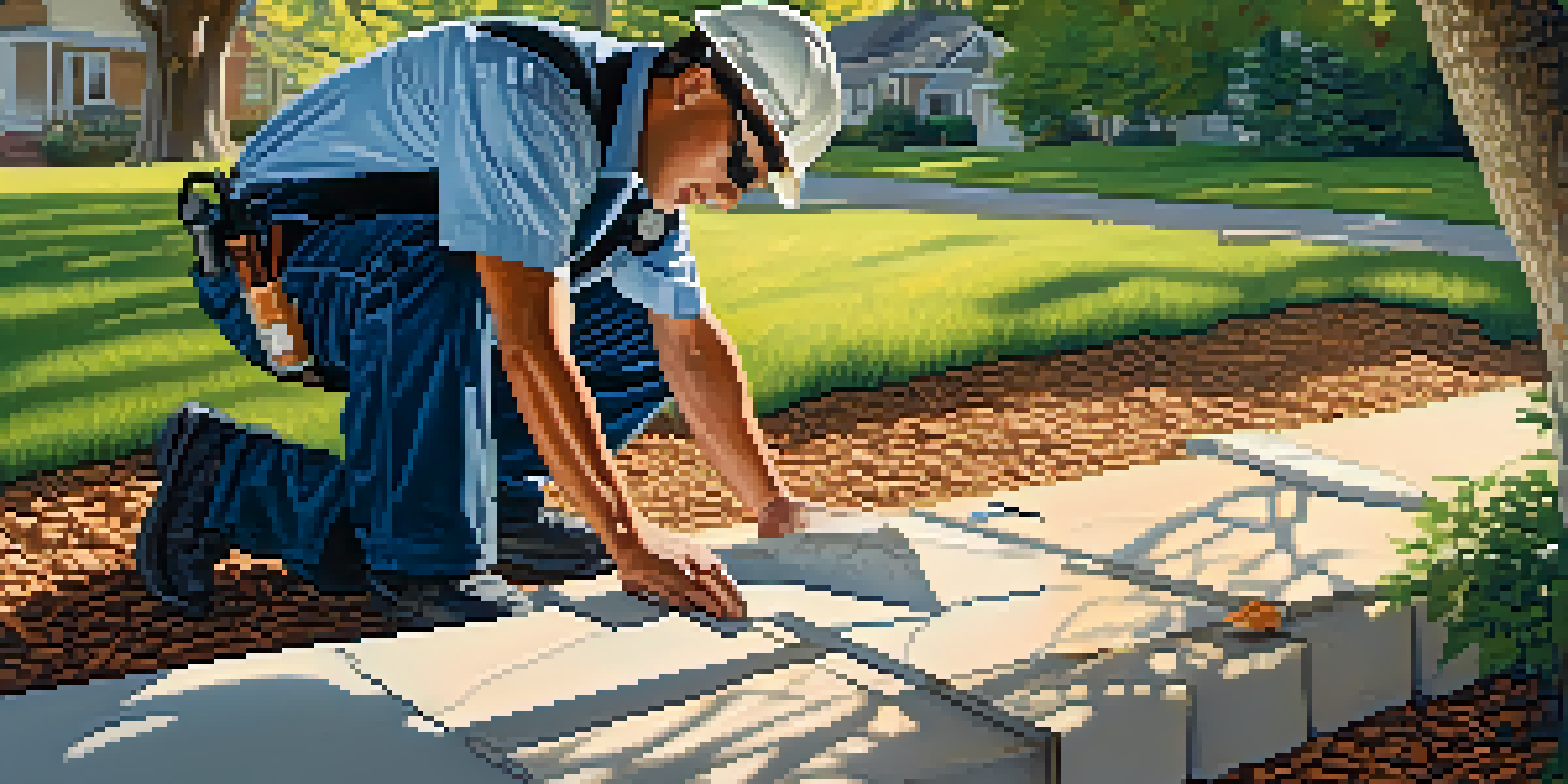 A home inspector crouching by a house's foundation, using a flashlight to examine cracks, with trees casting shadows in the background.