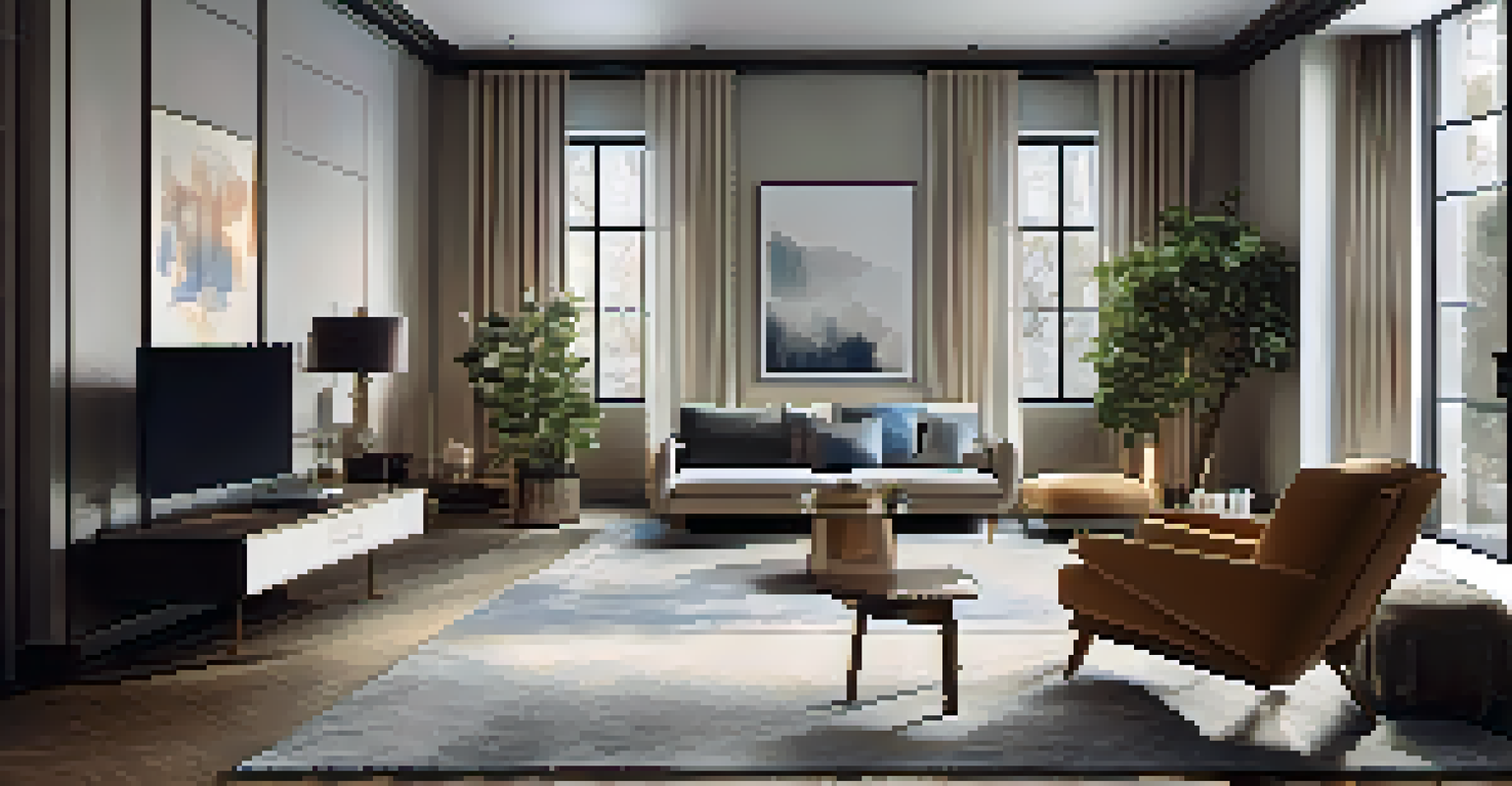 A bright living room with adjustable lighting, featuring an armchair, a side table, and clear pathways for easy navigation.