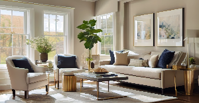 A warm and inviting living room set up for an open house, showcasing a sofa, decorative cushions, and a coffee table with flowers under natural light.