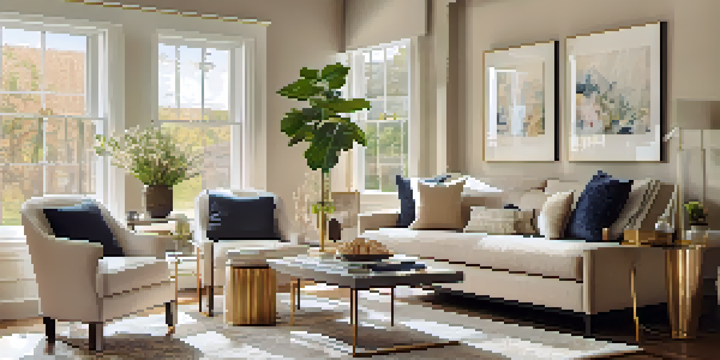 A warm and inviting living room set up for an open house, showcasing a sofa, decorative cushions, and a coffee table with flowers under natural light.
