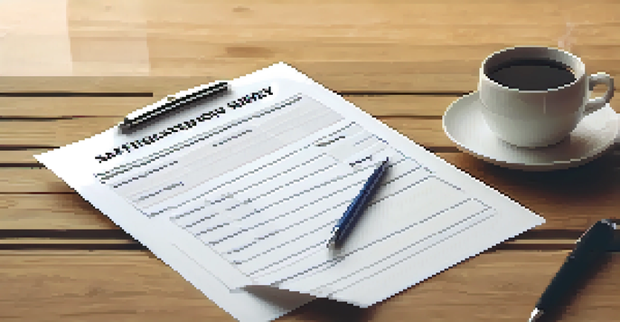 A close-up of a tenant satisfaction survey form on a table with a pen and a cup of coffee in a cozy living room.