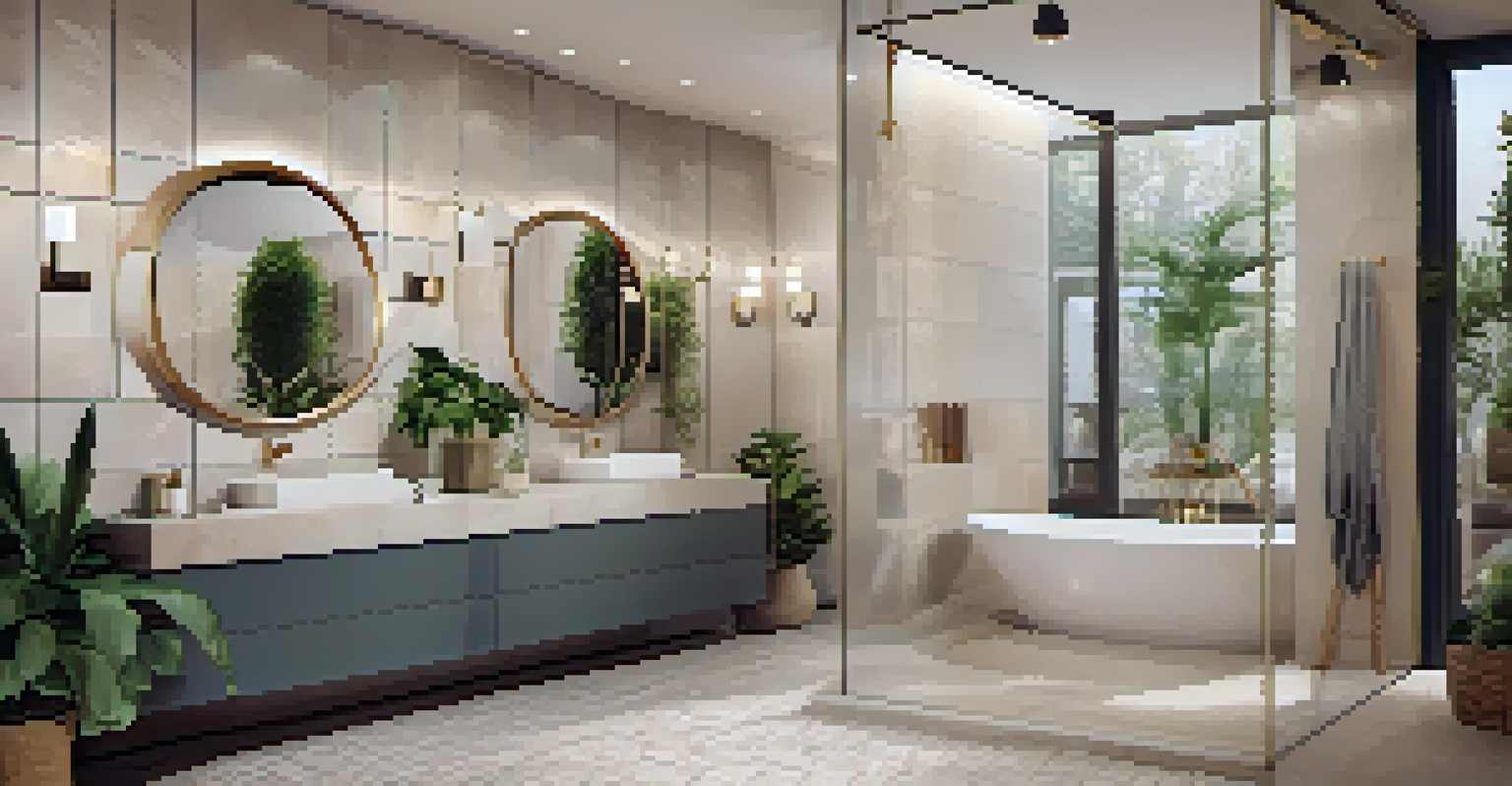A modern bathroom featuring double sinks, a walk-in shower, and decorative plants, all under soft lighting.