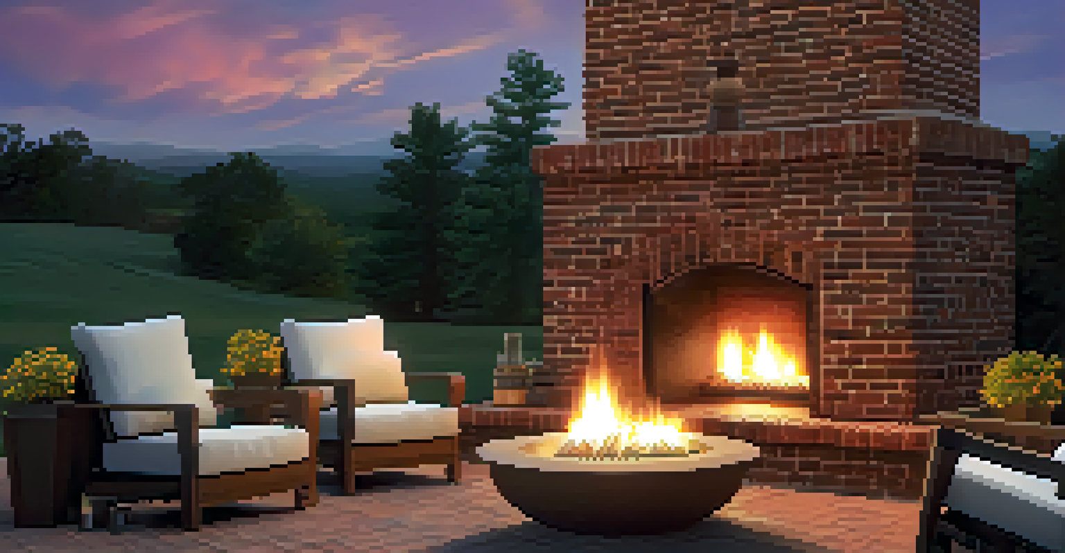 A rustic brick outdoor fireplace area with lounge chairs and a woven blanket under a starry sky during twilight.
