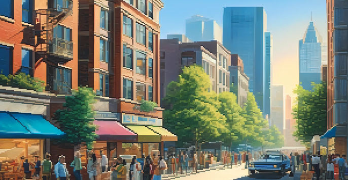 A diverse group of people engaged in real estate transactions in an urban setting, with a modern apartment building and a city skyline in the background.