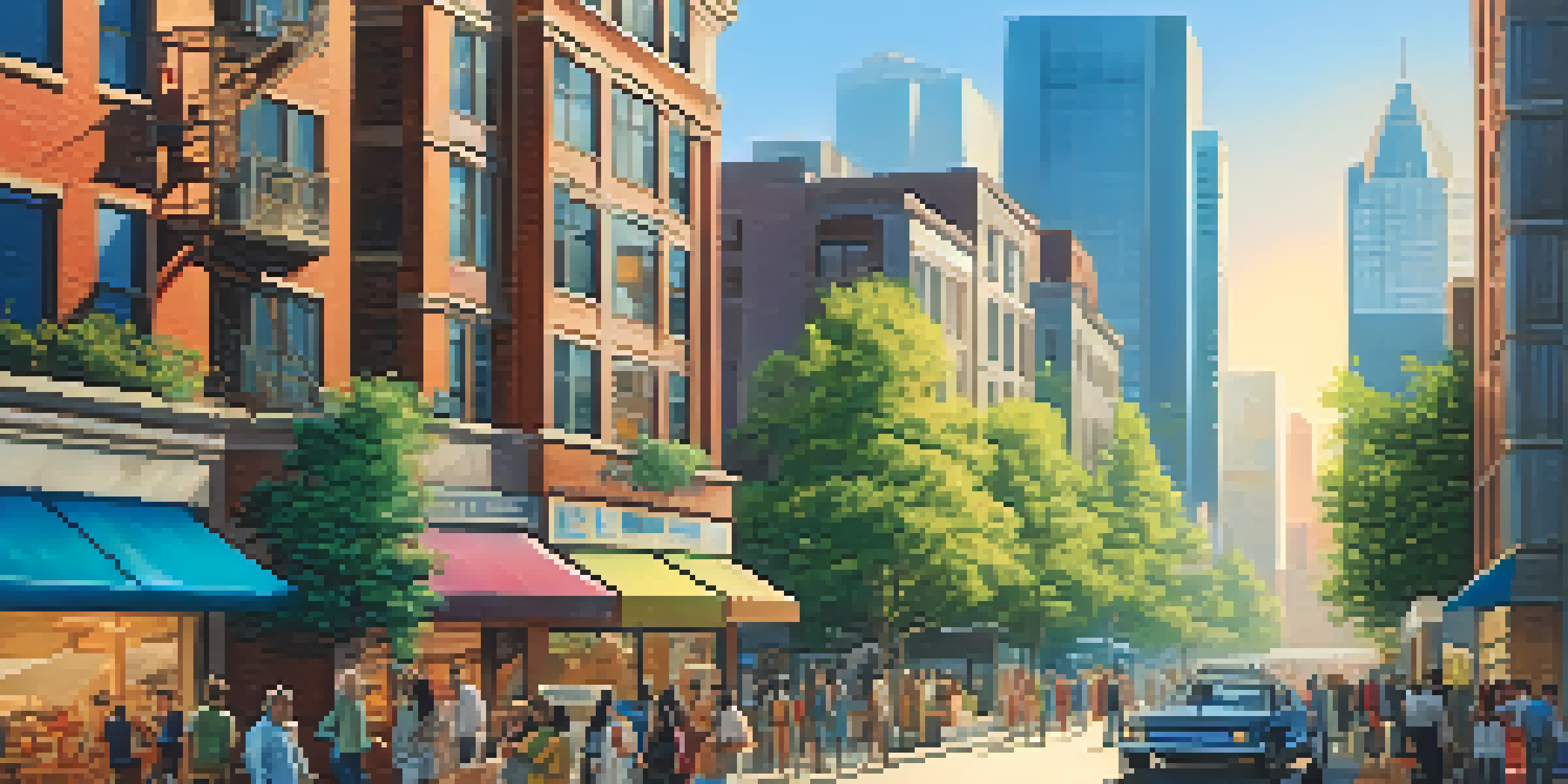 A diverse group of people engaged in real estate transactions in an urban setting, with a modern apartment building and a city skyline in the background.