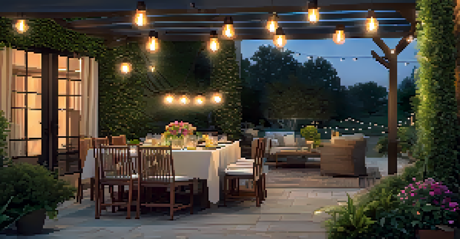 A beautiful outdoor patio with a dining set, shaded by a pergola, surrounded by a garden with flowers and string lights for a cozy atmosphere.