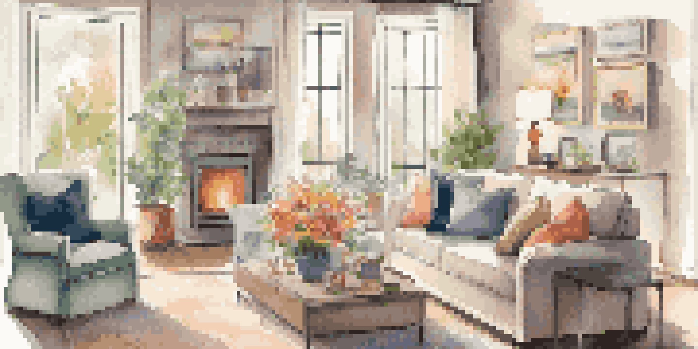 A warm and inviting living room with a sofa, colorful cushions, and natural light coming through a large window.