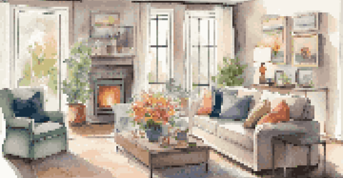 A warm and inviting living room with a sofa, colorful cushions, and natural light coming through a large window.