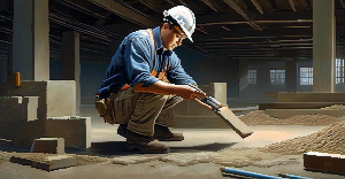 A construction inspector closely examining a building's foundation with blueprints and tools around him, showcasing detailed textures and a well-lit environment.