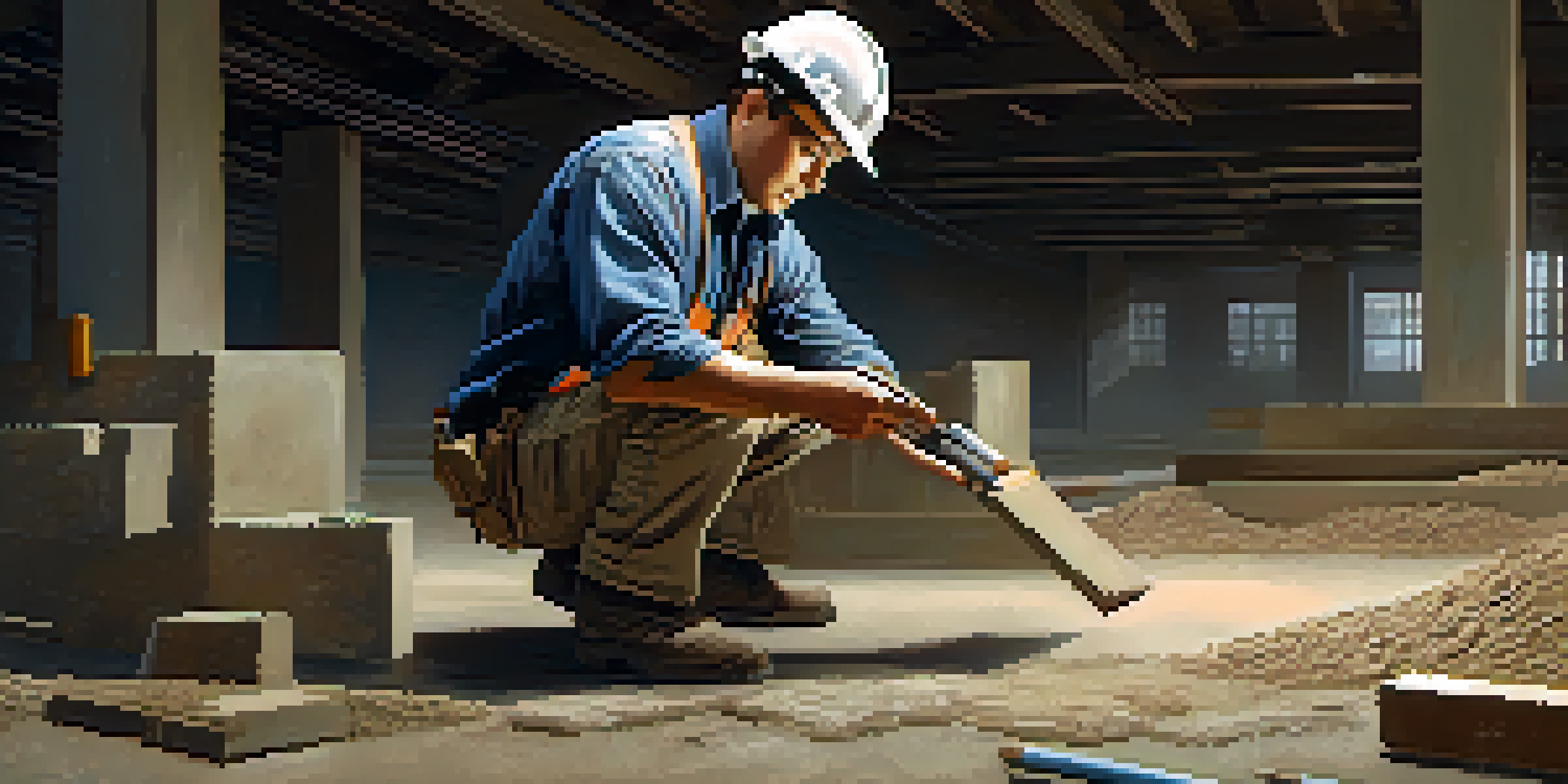 A construction inspector closely examining a building's foundation with blueprints and tools around him, showcasing detailed textures and a well-lit environment.