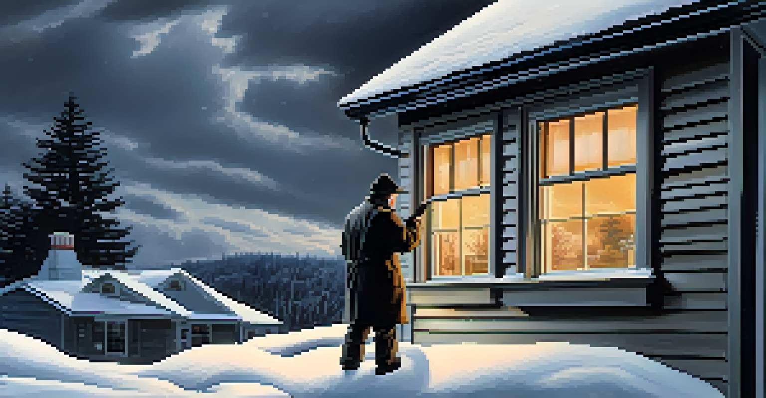 An inspector checking a snowy roof for leaks, with snow-covered ground and cloudy sky in the background.
