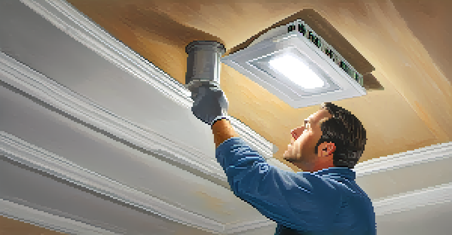 A home inspector examining a ventilation system in a ceiling with a flashlight.