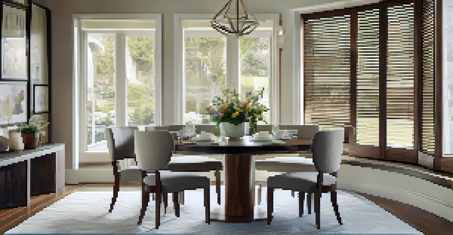 A dining area with a round wooden table and curved chairs, featuring a soft table runner and fresh flowers, illuminated by natural light.