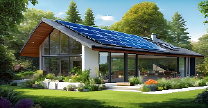 A contemporary zero-energy home with solar panels, lush greenery, and a vegetable garden, under a bright blue sky.