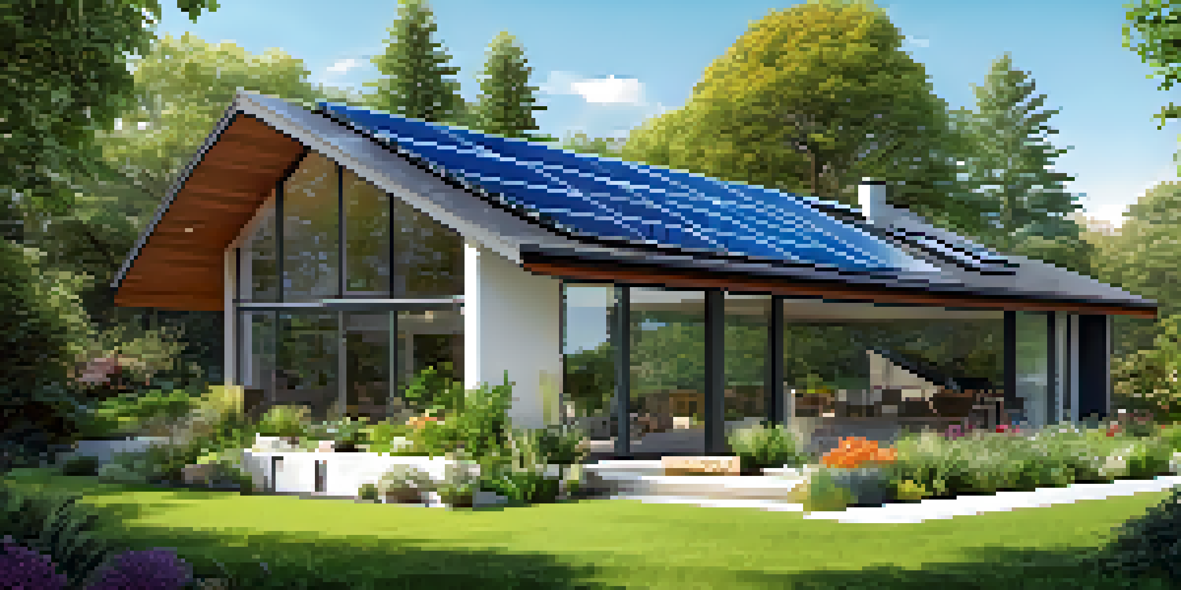 A contemporary zero-energy home with solar panels, lush greenery, and a vegetable garden, under a bright blue sky.