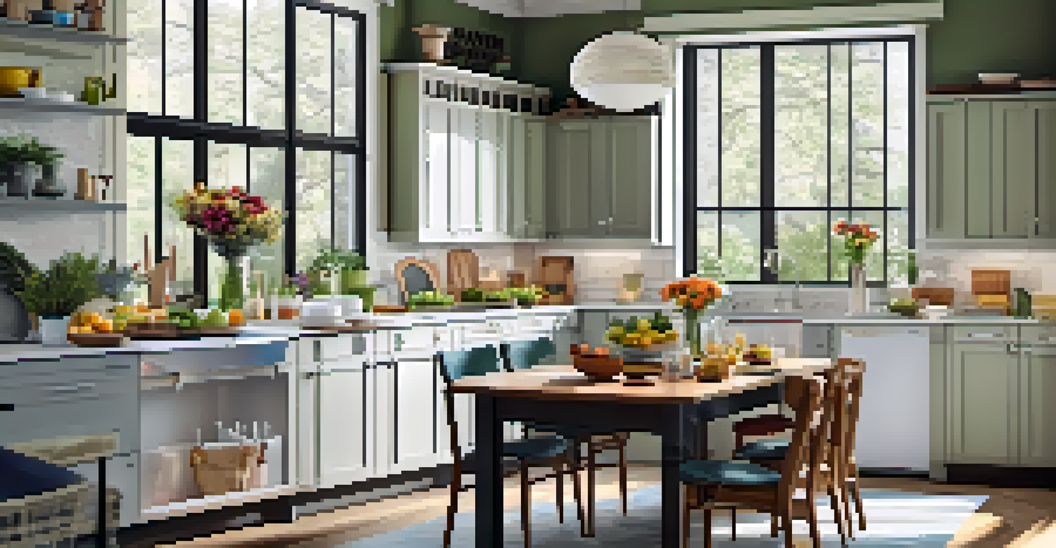 A bright and modern kitchen with a dining table set for a meal, showcasing fresh flowers and colorful kitchenware.