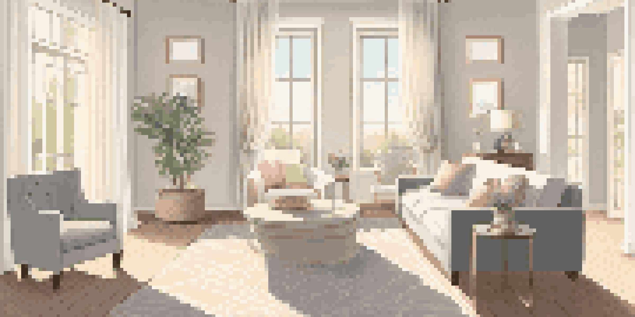 A bright and airy small living room with light-colored walls, soft gray furniture, and pastel accents. Natural light streams in through sheer curtains, reflecting off a large mirror.