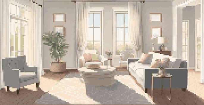 A bright and airy small living room with light-colored walls, soft gray furniture, and pastel accents. Natural light streams in through sheer curtains, reflecting off a large mirror.