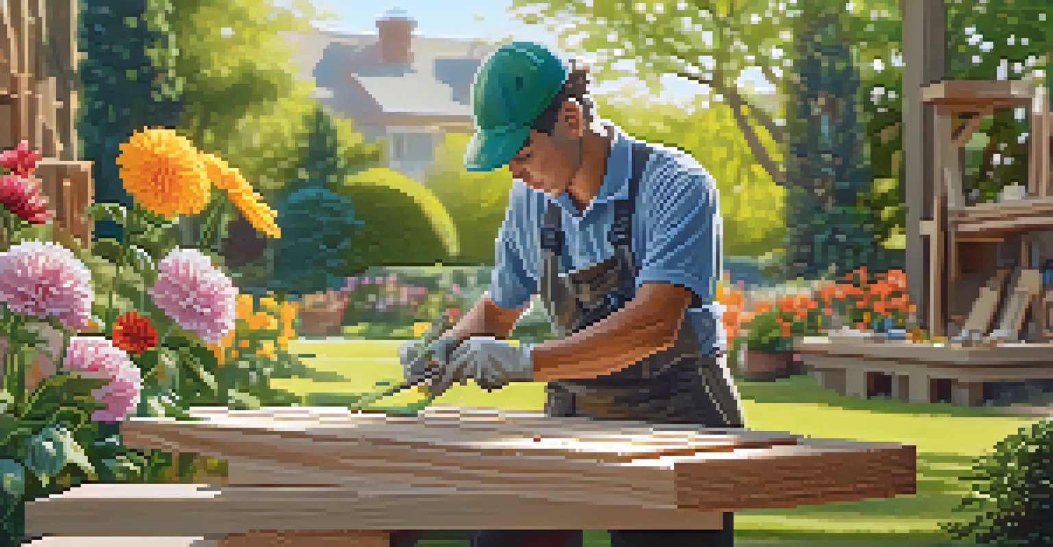 A craftsman applying biodegradable adhesive on wooden pieces in a sunlit garden.
