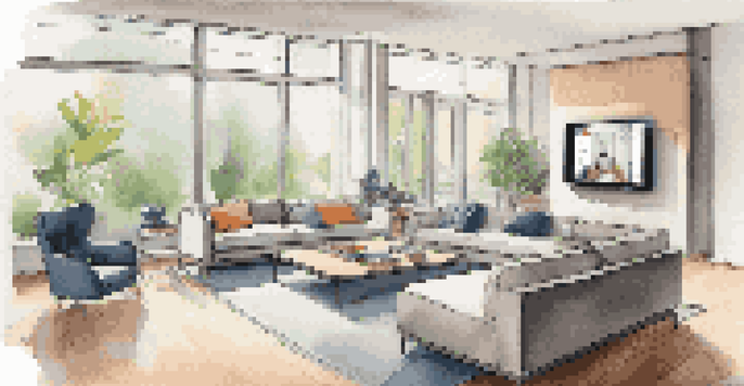 A modern living room with a tablet showing a home security system interface amidst contemporary furniture and natural light.