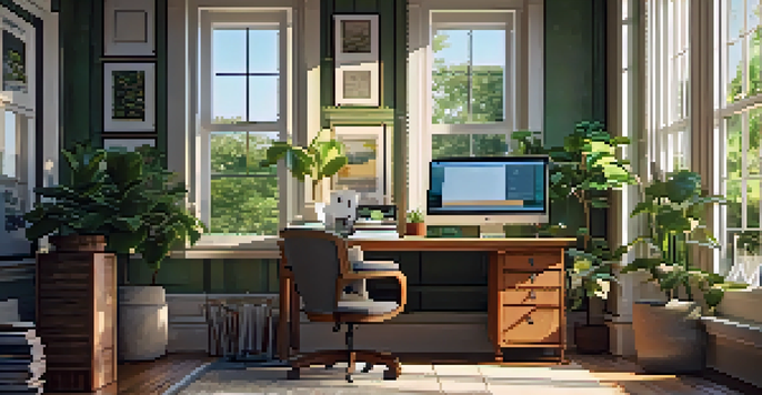 A warm and inviting home office with a wooden desk, computer, and potted plant illuminated by sunlight from a large window.